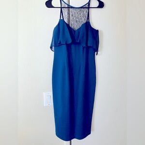 BCBGeneration Blue Black Lace Chiffon Ruffle Detail Bodycon Cocktail Dress